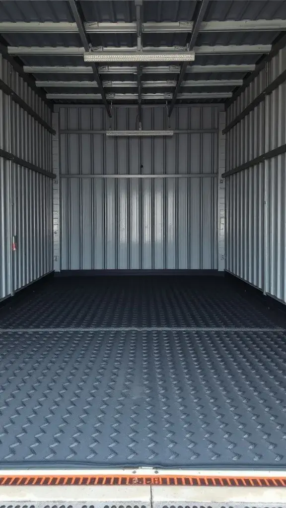Image of a metal garage building featuring acoustic floor mats