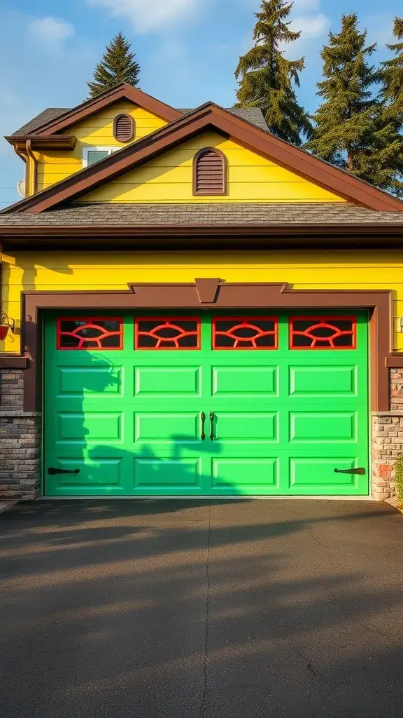 A bright green garage door with red accents on a yellow house.