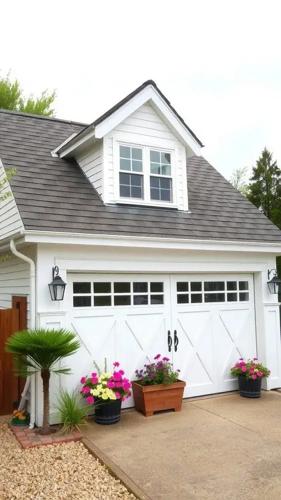 A charming cottage-style garage with dormer windows, white exterior, and vibrant flowers in pots.