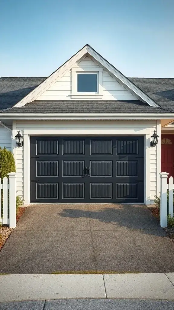 Classic raised panel black garage door with white house siding