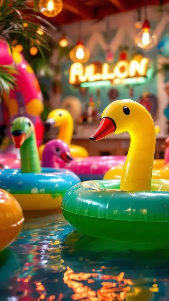 A variety of colorful pool floats in a tropical garage bar setting
