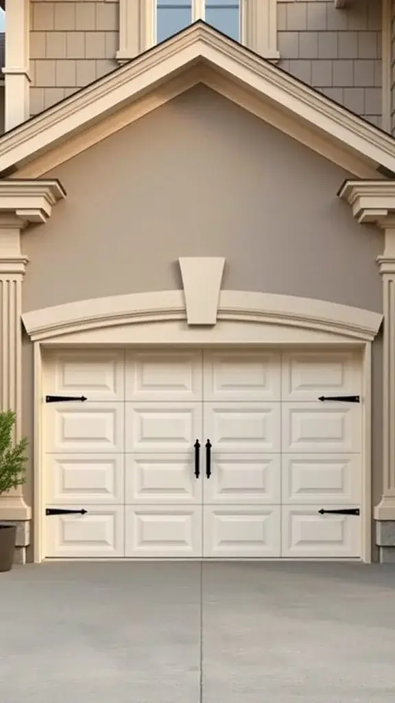 Elegant raised panel garage door with cream color and black hardware