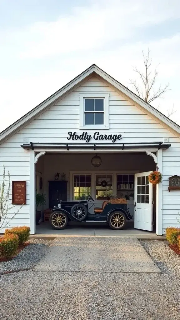 A charming farmhouse garage with vintage style, featuring white siding and an antique car.