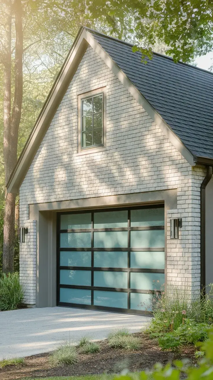 A garage featuring a combination of stone and stucco, surrounded by greenery.