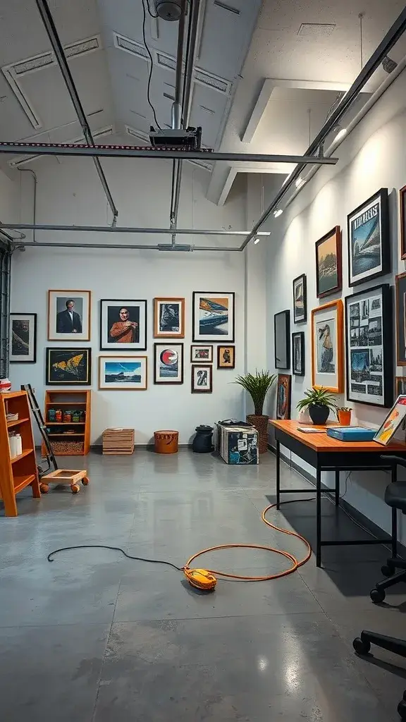 A gallery-style art studio featuring various framed artworks on the walls, a desk, and plants.
