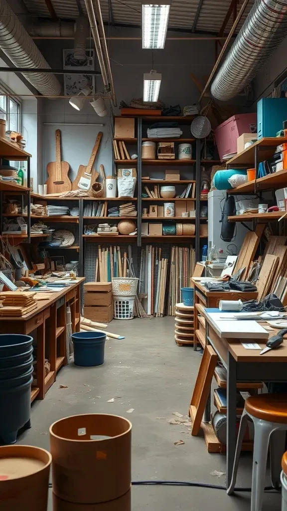 A well-organized hobby workshop with tools, wood supplies, and various projects.