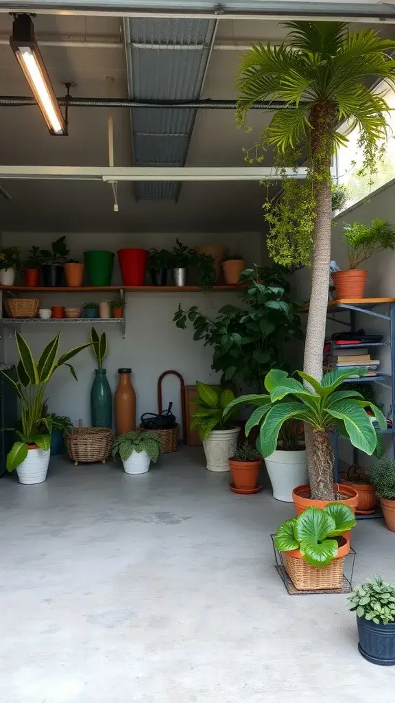 A garage filled with various plants in colorful pots, showcasing a fresh and lively atmosphere.