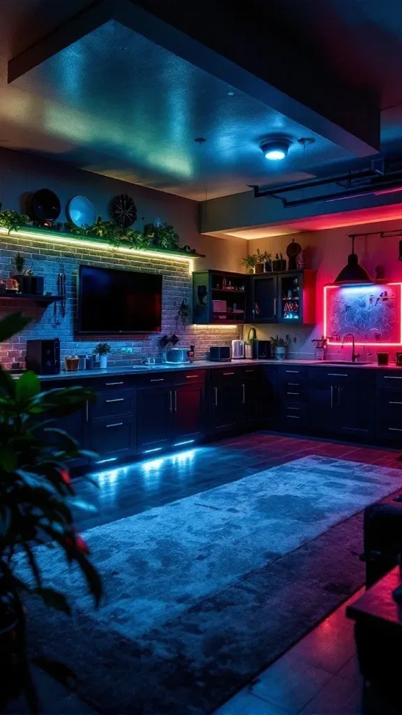 A modern garage with neon lighting and industrial fixtures.