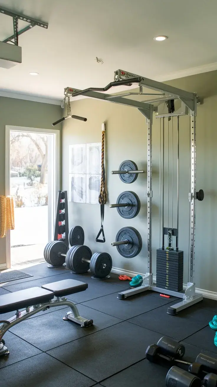 A multi-function cable machine in a garage gym setup