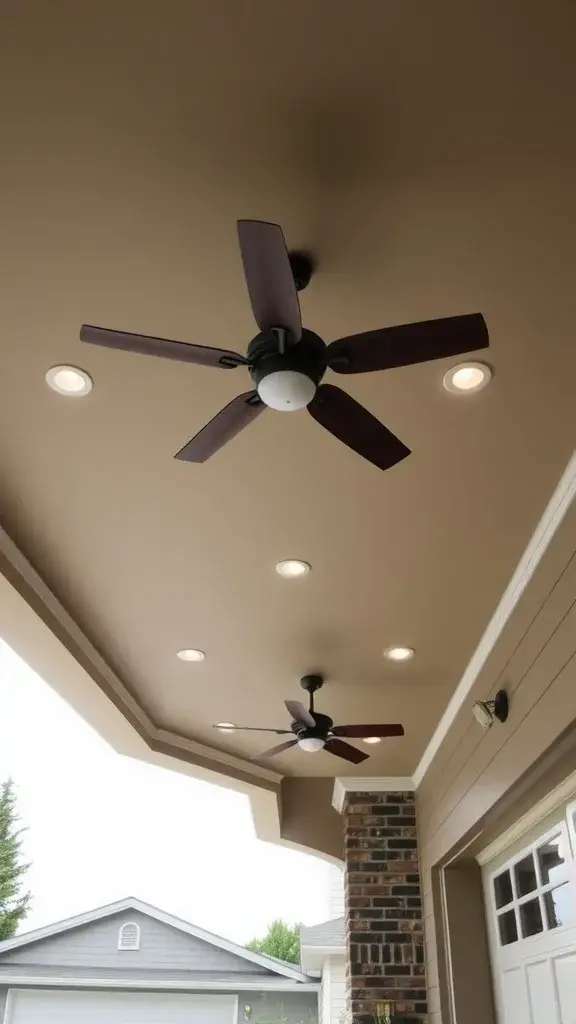 Outdoor ceiling fan with lights in a garage