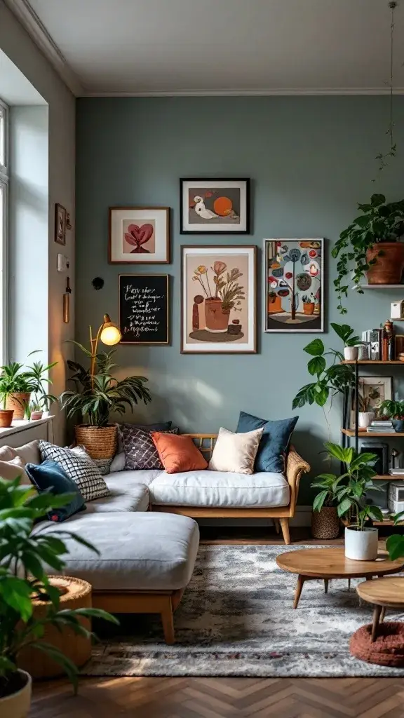 A cozy room with green walls, plants, and colorful artwork.