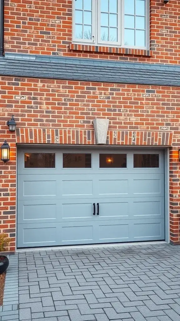 A light gray garage door with windows on a brick house, showcasing a paved driveway.