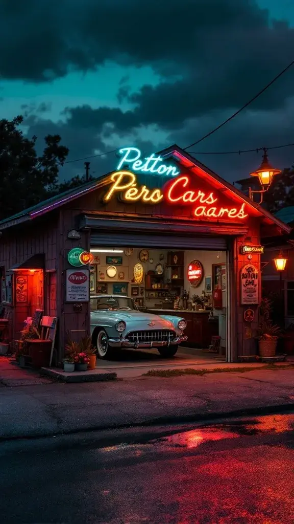 A vintage garage with neon signs and classic cars inside.
