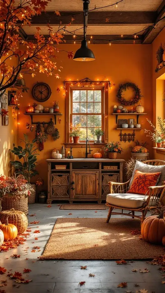Cozy garage decorated with amber tones and autumnal decor, featuring pumpkins, leaves, and string lights.