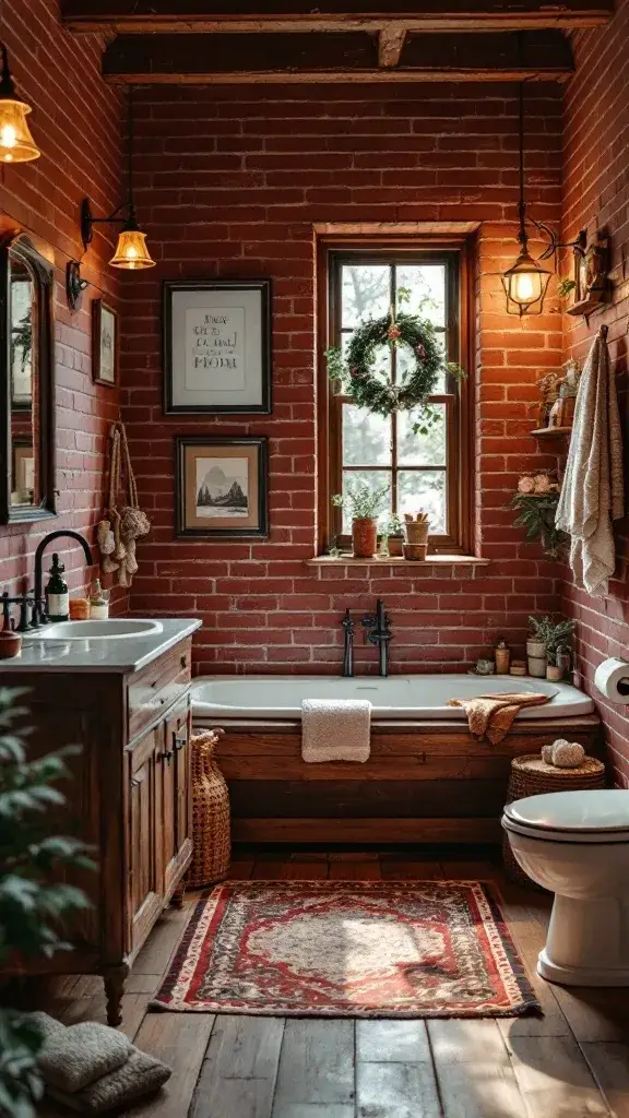 A rustic bathroom with brick red walls, wooden fixtures, and warm lighting