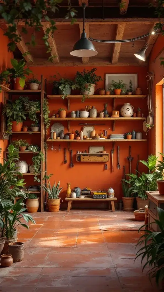 A cozy garage with clay-toned walls, rustic shelves filled with plants and pottery, creating an inviting atmosphere.