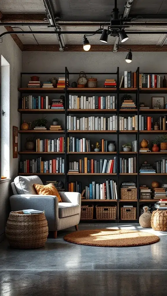 A cozy reading corner in a garage featuring bookshelves, an armchair, and a round rug