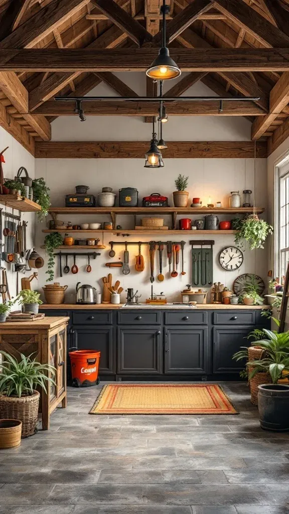 A rustic garage with wooden beams, dark cabinetry, and decorative plants.
