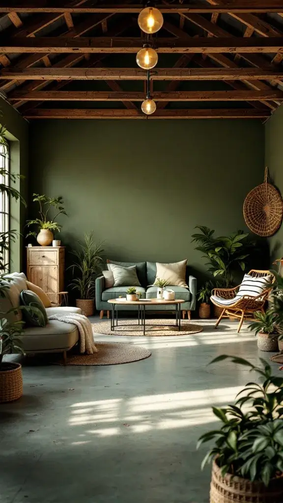 A cozy garage space with olive green walls, natural lighting, and plants, creating an inviting atmosphere.