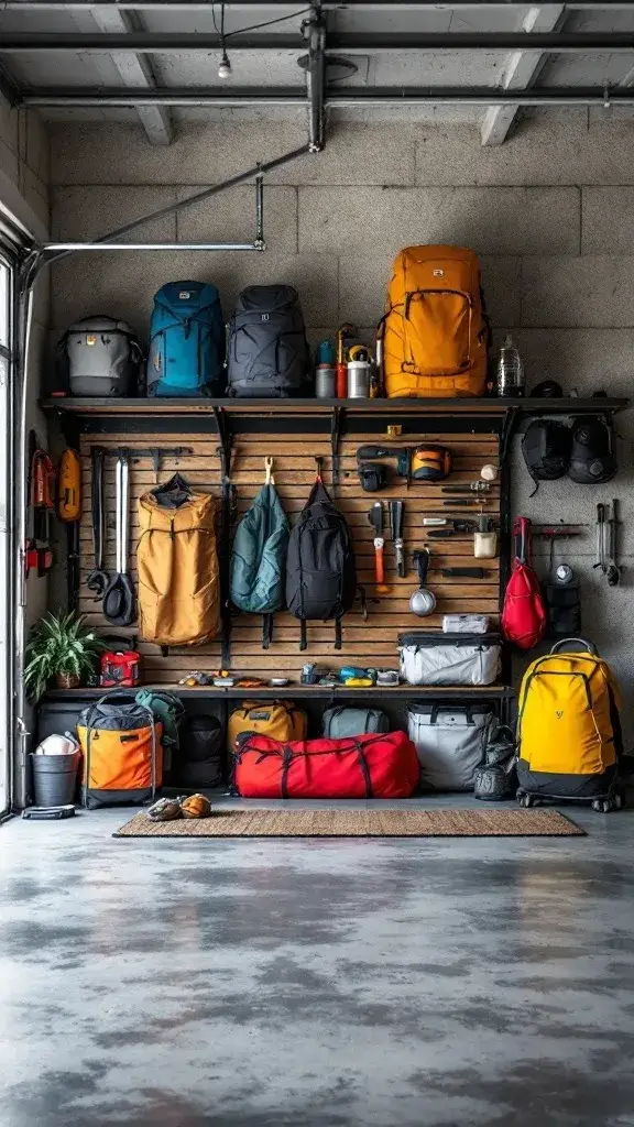 Organized garage wall with backpacks and adventure gear