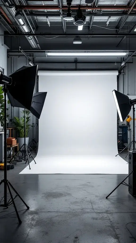 Photography studio setup with white backdrop and lighting in a garage