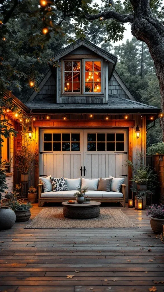 A cozy rustic garage with warm lighting and outdoor furniture