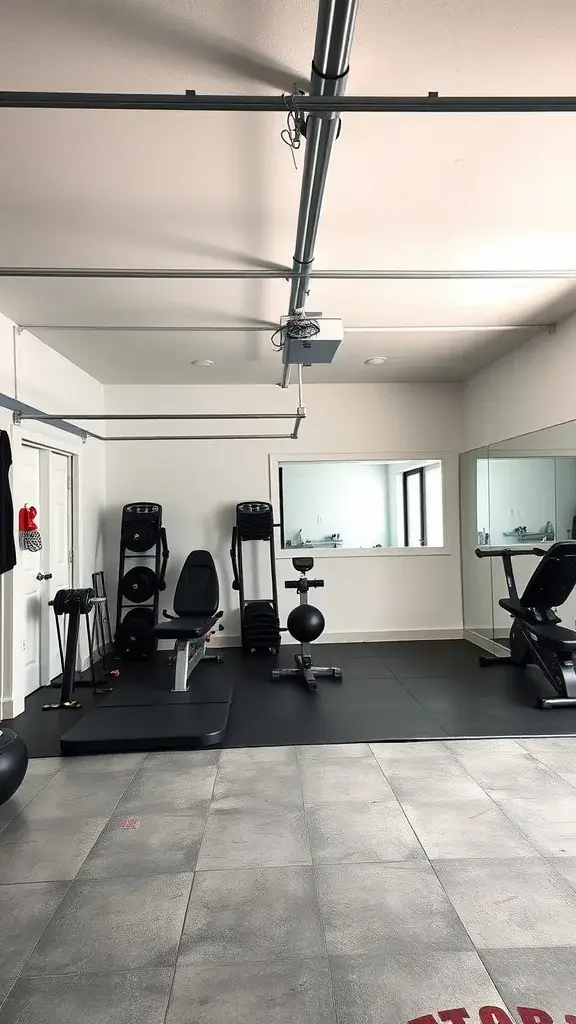 A stylish garage gym with workout machines and weights set in a clean space.