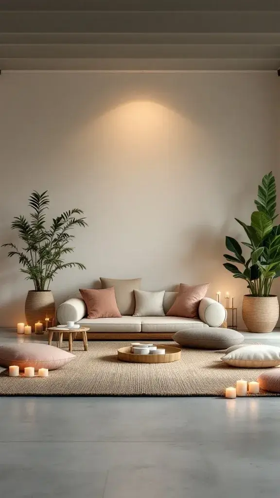 A cozy zen meditation space with a light-colored sofa, pillows, plants, and candles.