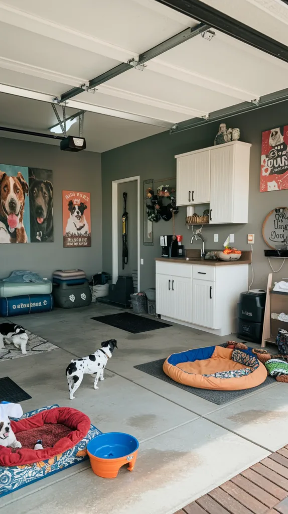 A photo of a garage that has been converted into a dedicated dog area. There are multiple dog beds, toys, and a water bowl. The walls are painted with dog-related artwork. There's a small kitchenette with a sink and cabinets. The floor is made of concrete.