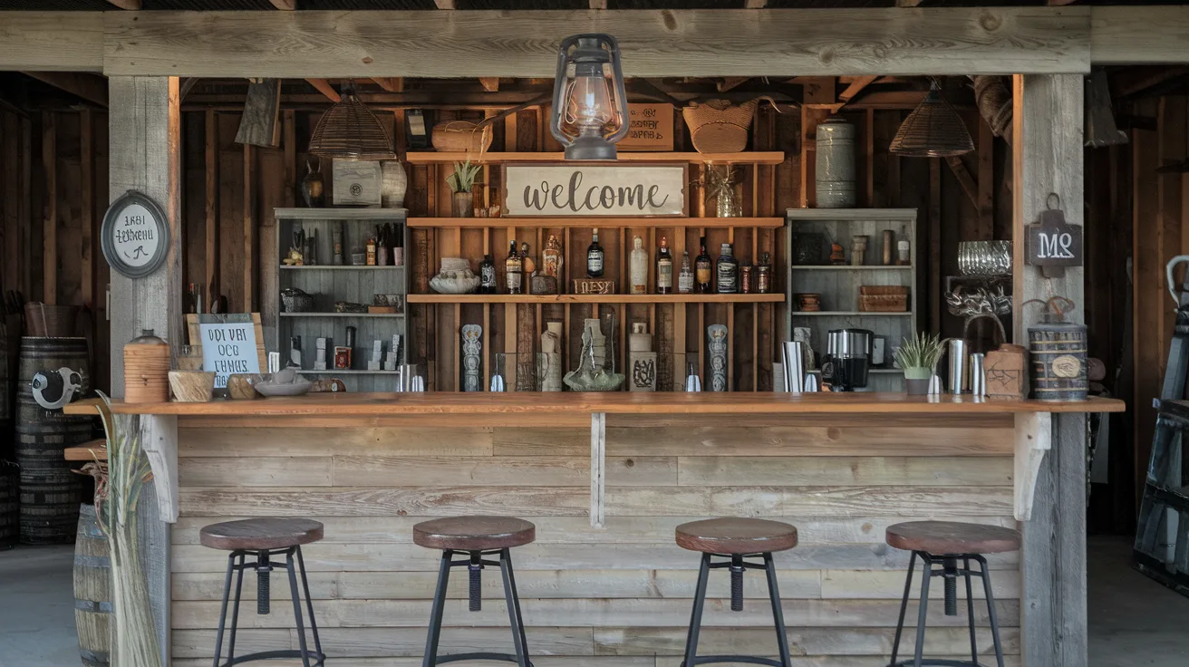 A photo of a farmhouse garage bar with a rustic charm. There's a wooden bar with a few stools. The bar is adorned with a variety of items, including a lantern, a sign that says