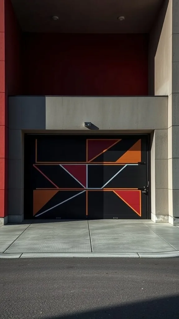 A garage door with bold geometric patterns in black, orange, and red.