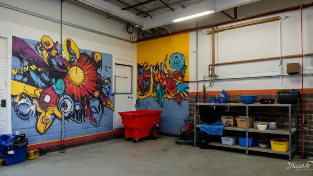 mural on wall of garage. older garage with short shevling on one wall