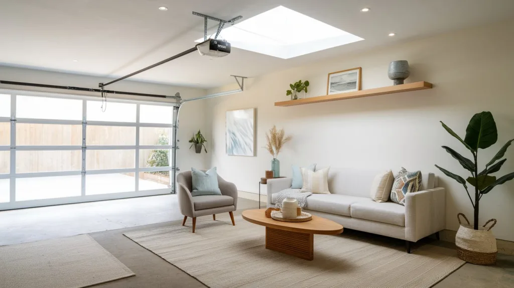 A photo of a garage conversion that has been turned into a modern living space. There is a sofa, a coffee table, and a potted plant in the room. The walls have been painted white, and there is a wooden shelf near the ceiling. The door to the garage is now a glass wall. The floor is covered with a beige rug, and there are two area rugs. The ceiling has a skylight.
