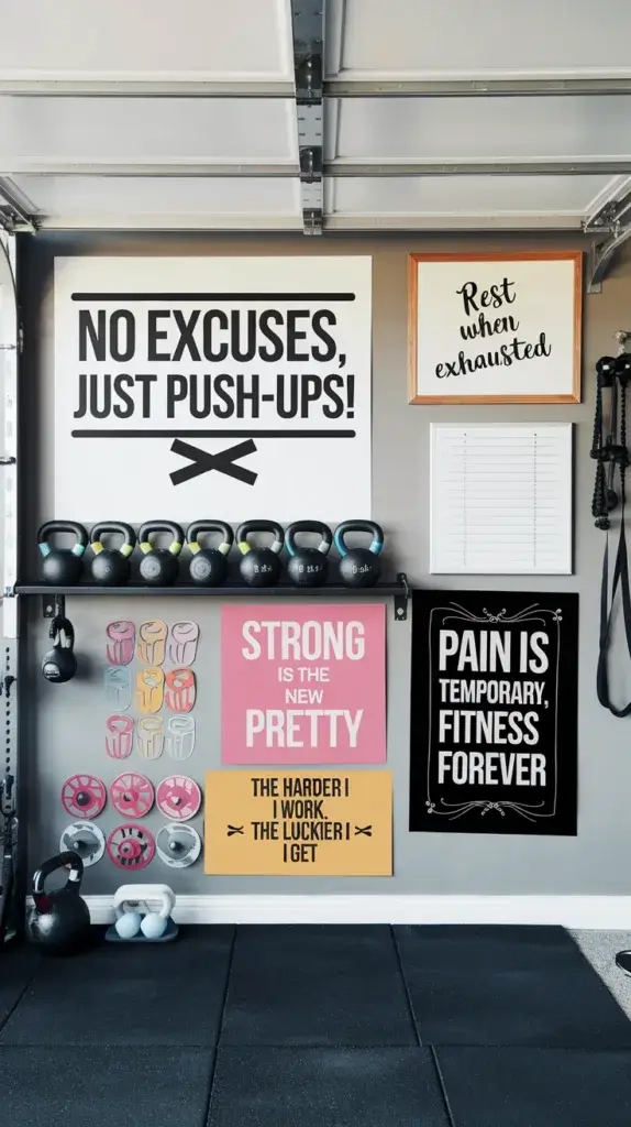 A gym wall in a garage with a variety of colorful motivational quotes and posters. There's a large poster that says 