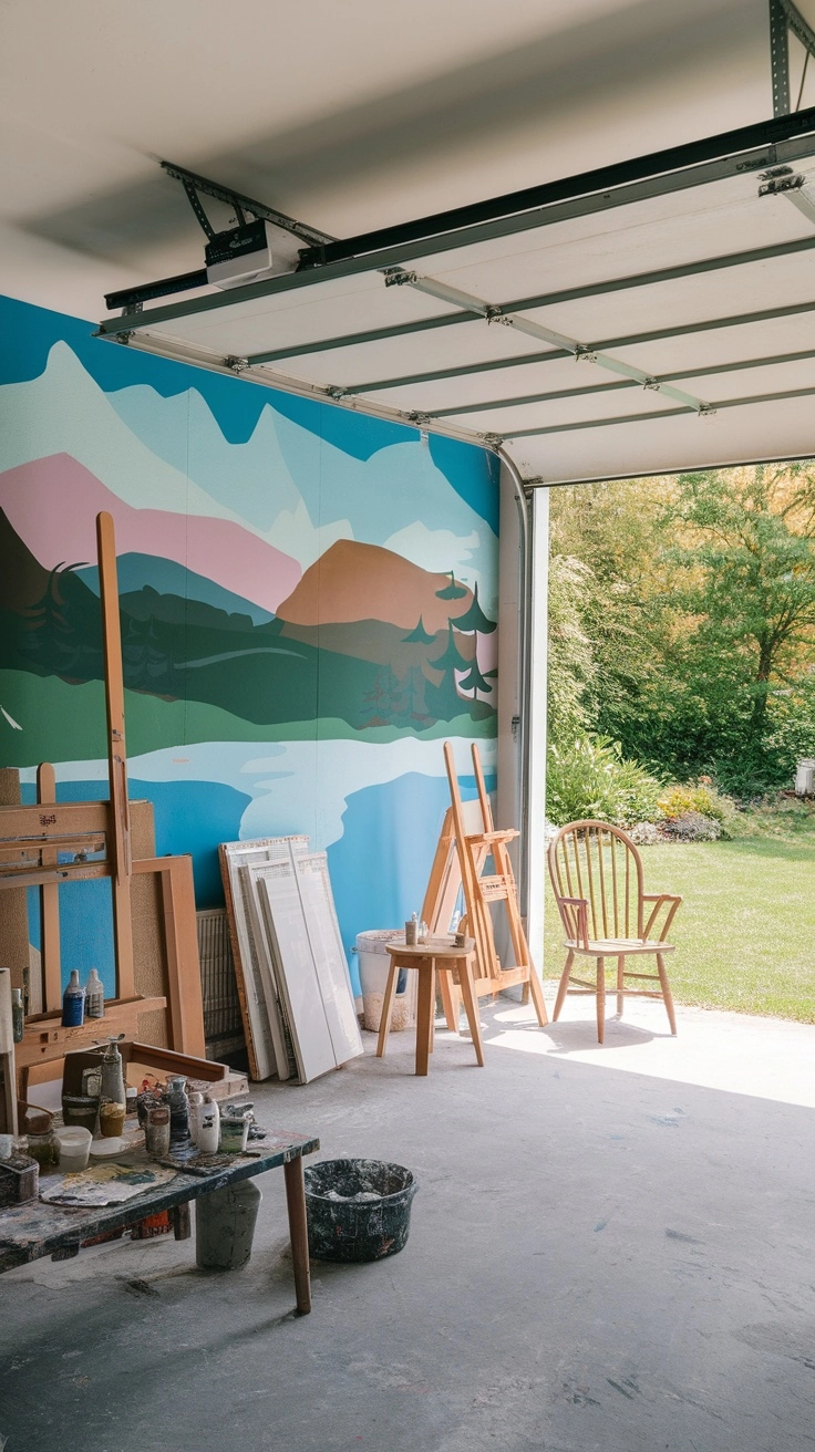 A bright mural depicting mountains and trees inside a garage art studio, with easels and painting supplies visible.