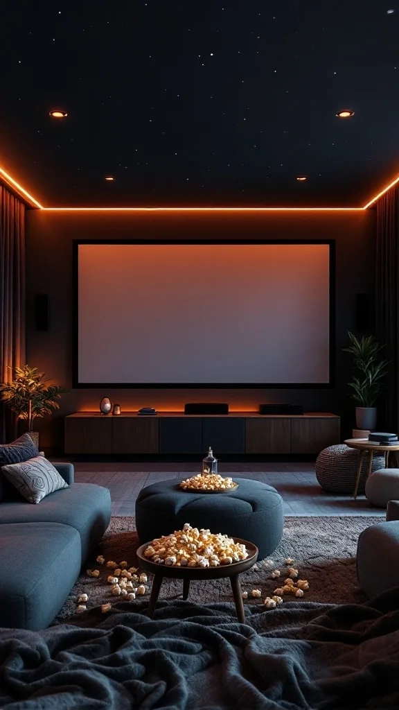 A cozy home theater setup with a large screen, plush seating, and a warm ambiance.