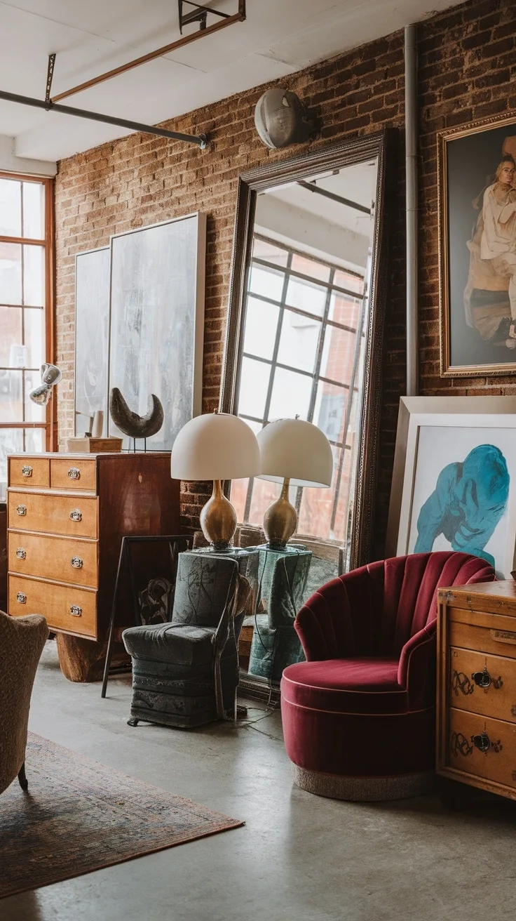 A cozy corner in a garage loft apartment featuring vintage furniture, art pieces, and a rustic brick wall.