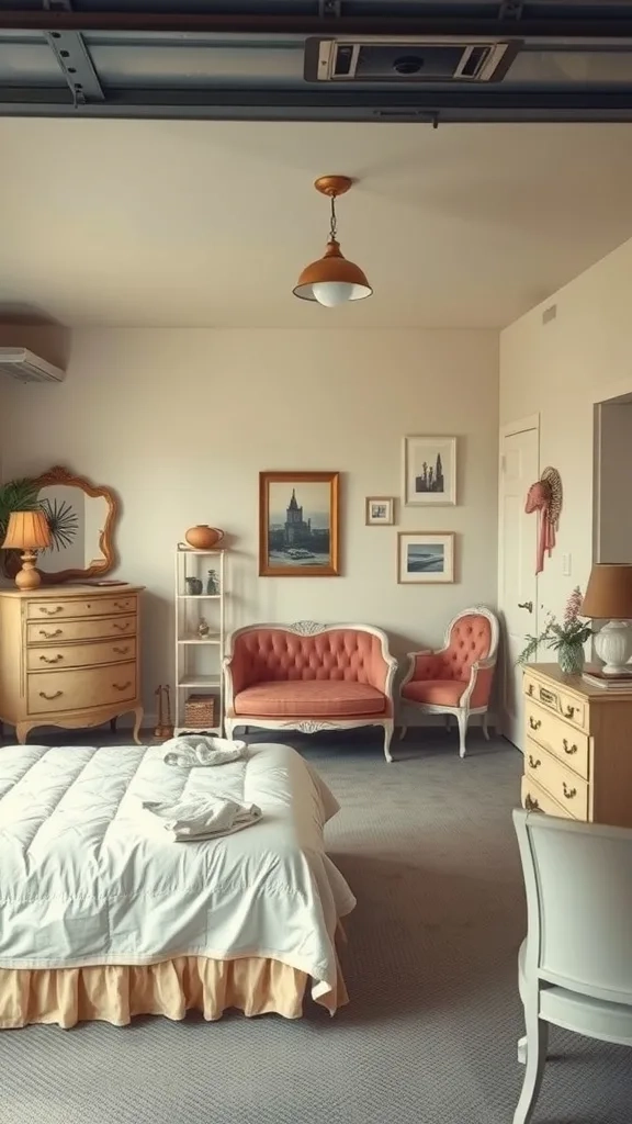 A vintage-inspired bedroom featuring a plush bed, pink tufted sofa, and elegant decor.