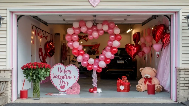 A photo of a garage decorated for Valentine's Day. There is a heart-shaped balloon arch and a 