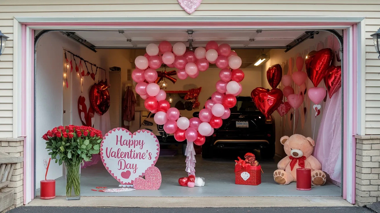 A photo of a garage decorated for Valentine's Day. There is a heart-shaped balloon arch and a 