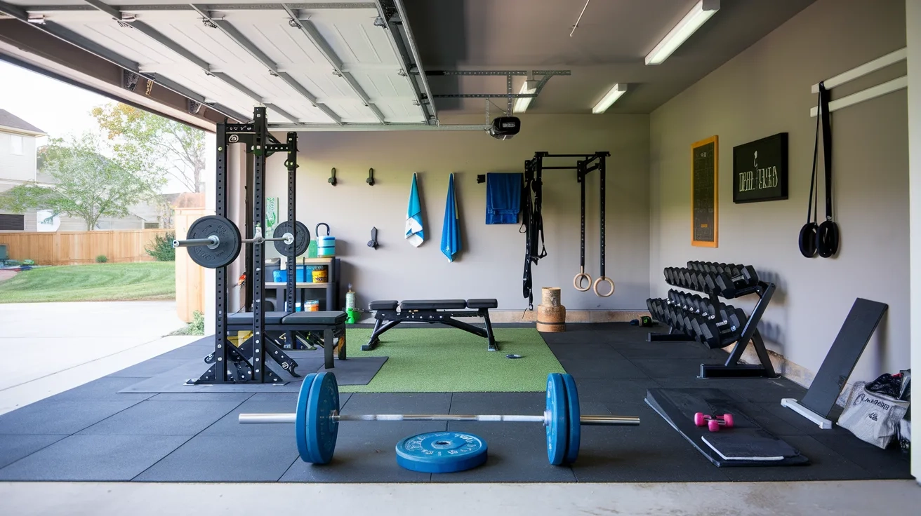 A photo of a garage gym with a variety of workout equipment. There's a barbell with weights on the floor, a squat rack, a bench, a dumbbell rack, a pull-up bar, and a few mats. The garage has an open door, revealing a driveway outside. The walls have a few items hung up, including a towel and a bag. The floor is covered in a rubber mat.