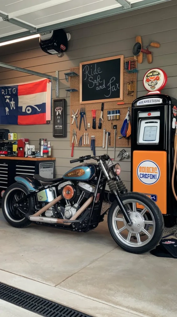 A photo of a garage with decorative elements. There's a motorcycle with a custom paint job and various tools hanging on the wall. The garage has a personal touch with a chalkboard that says 