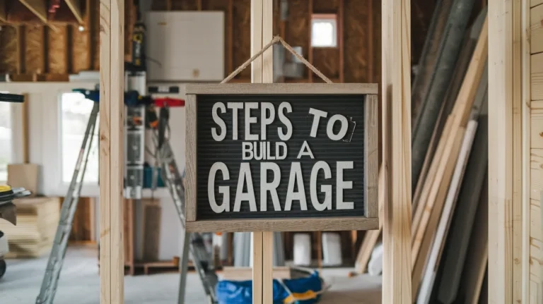 A photo of the steps to build a garage. There's a wooden frame with a sign that says