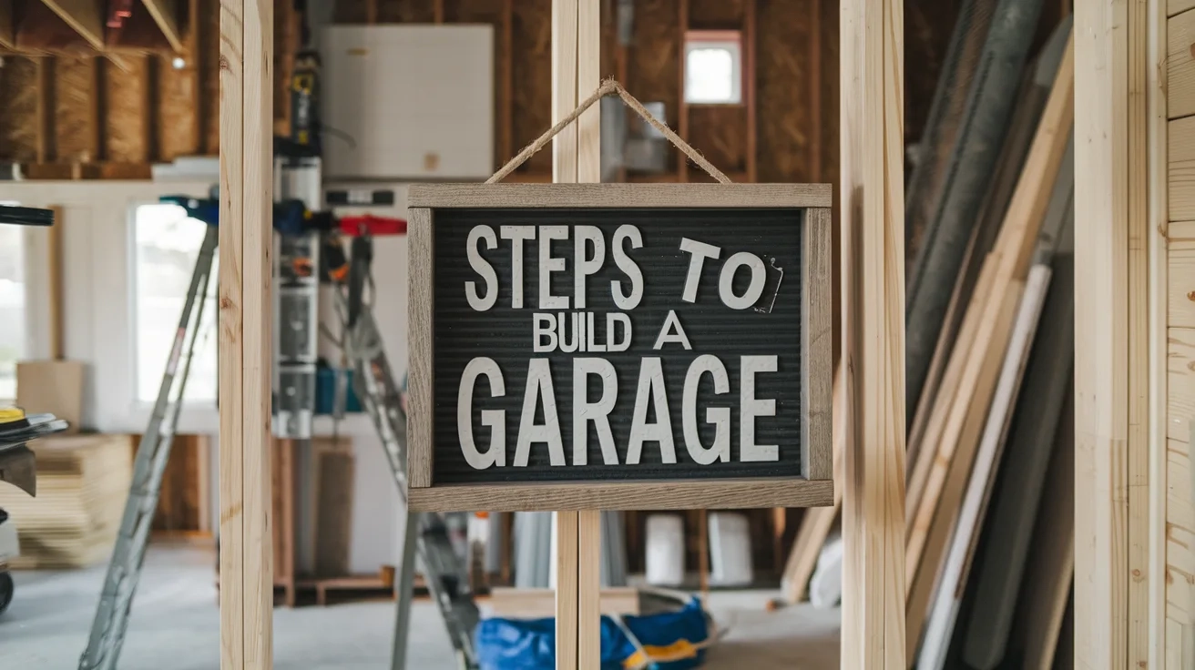 A photo of the steps to build a garage. There's a wooden frame with a sign that says 
