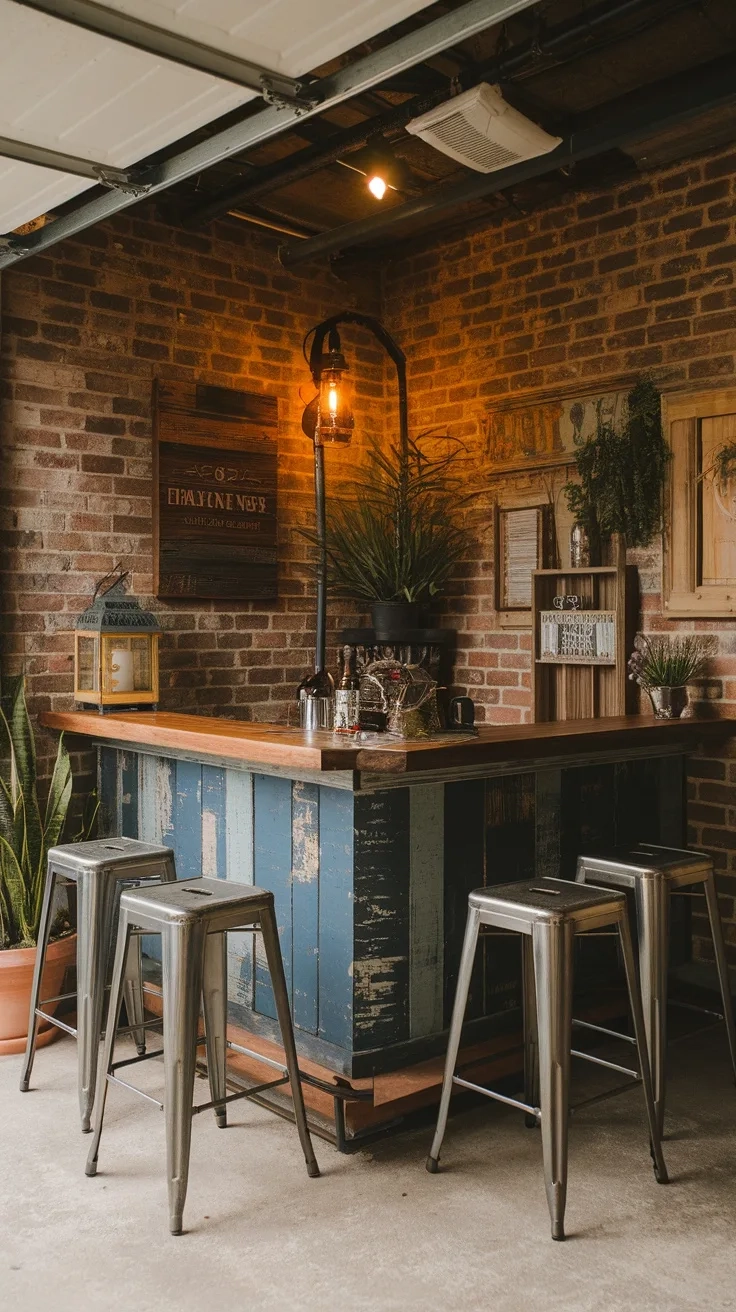 A garage bar featuring a distressed wood bar top, metal stools, and plants, with a cozy atmosphere.
