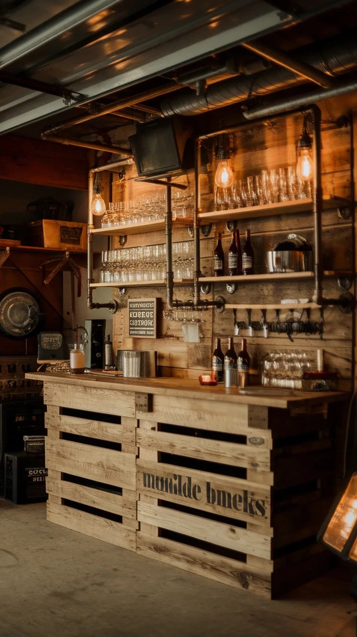 A rustic pallet wood bar with industrial pipe shelving in a garage setting, featuring warm lighting and various drinks.