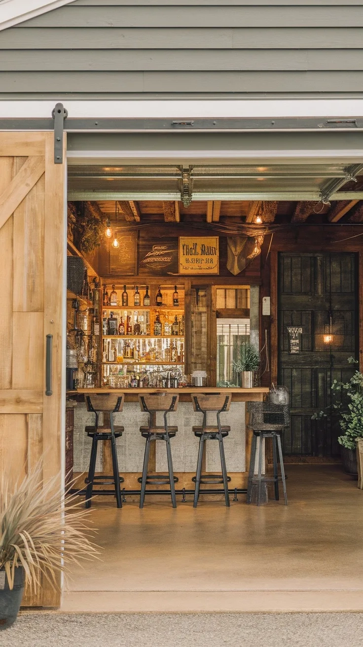 A garage bar featuring a sliding barn door entrance, wooden bar top, and warm lighting