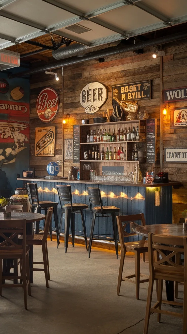 A cozy sports-themed farmhouse bar in a garage with wooden accents and vintage beer signs.