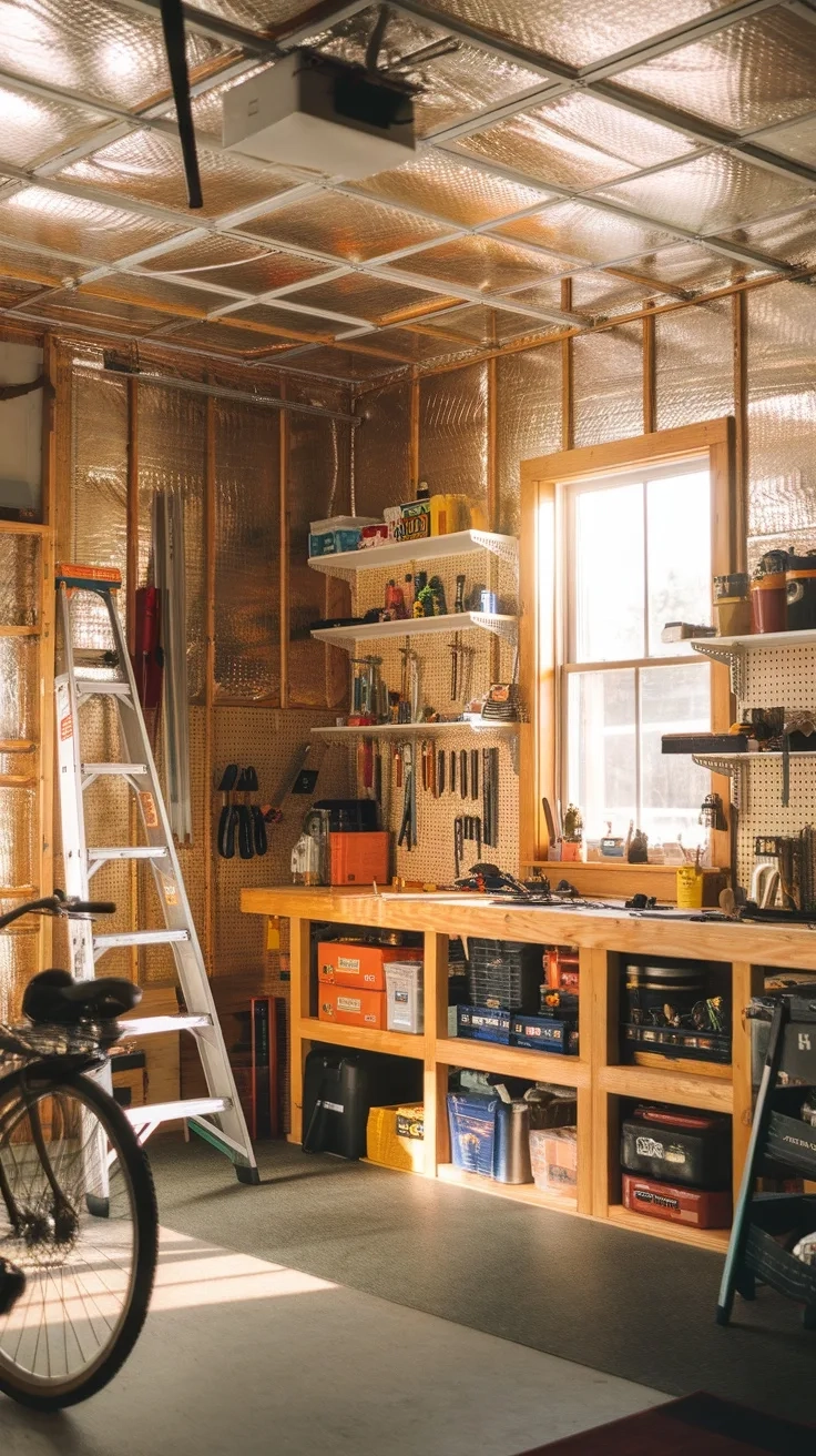 A well-insulated garage workshop with tools, shelves, and a ladder