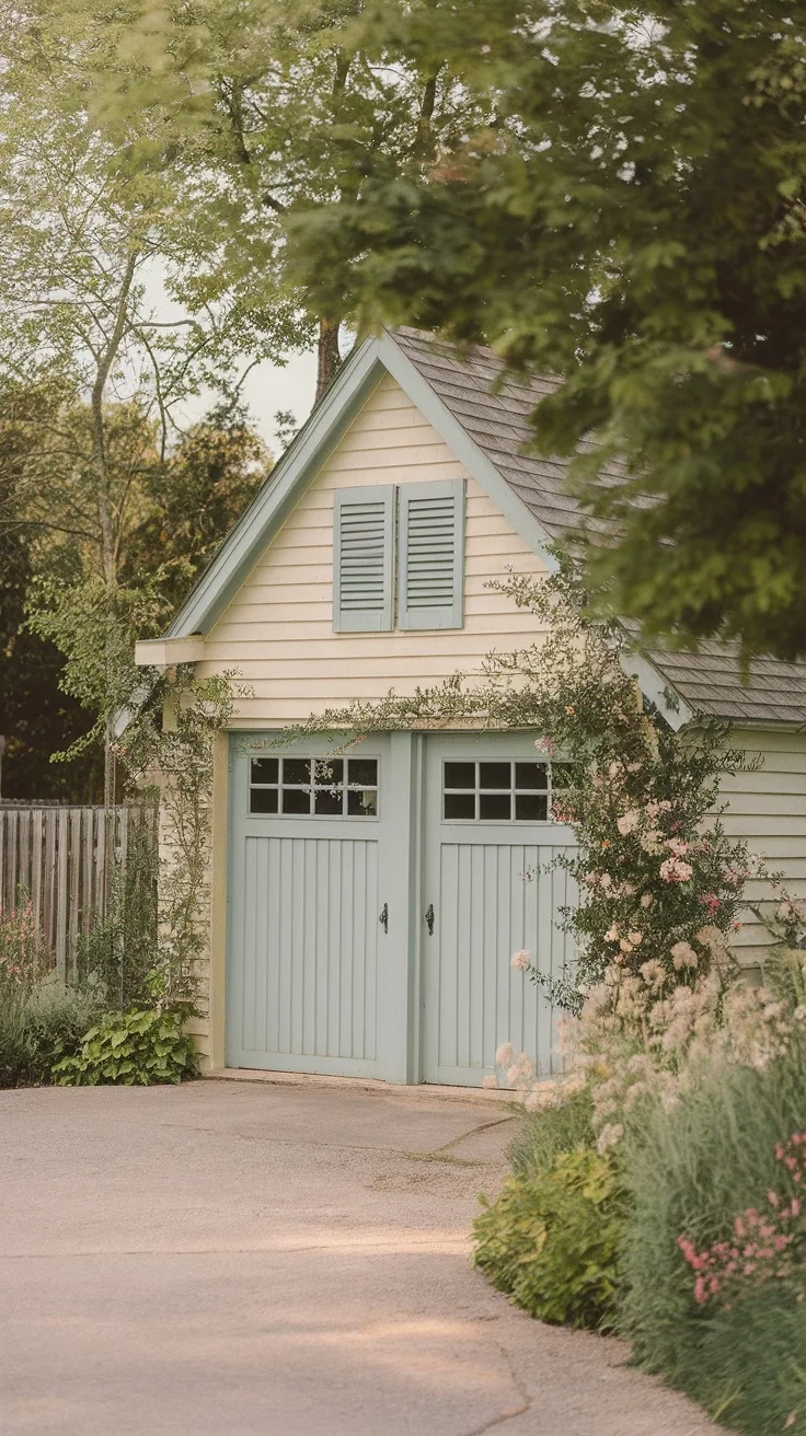 A charming garage with soft blue shutters and a cottage-like appearance surrounded by greenery.